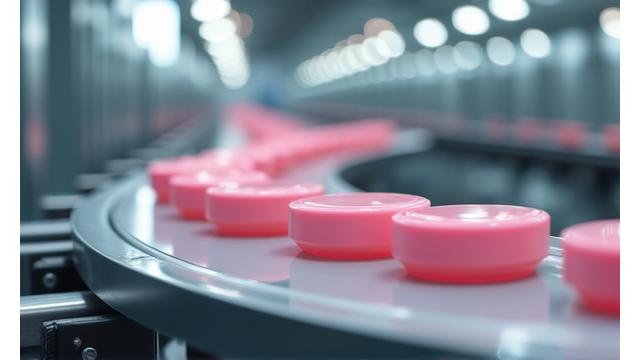 リサイクル素材で作られた化粧品容器が並んだ清潔な工場ライン。環境負荷を低減する取り組みを示唆。