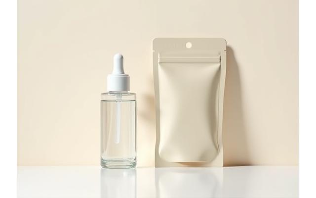 ガラス製のリフィル可能な美容液ボトルと、それを再充填するための環境に配慮したパウチが並べられている。