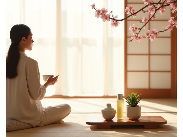 自然光が差し込むリビングで、ナチュラルコスメとハーブティーと共にリラックスしている女性